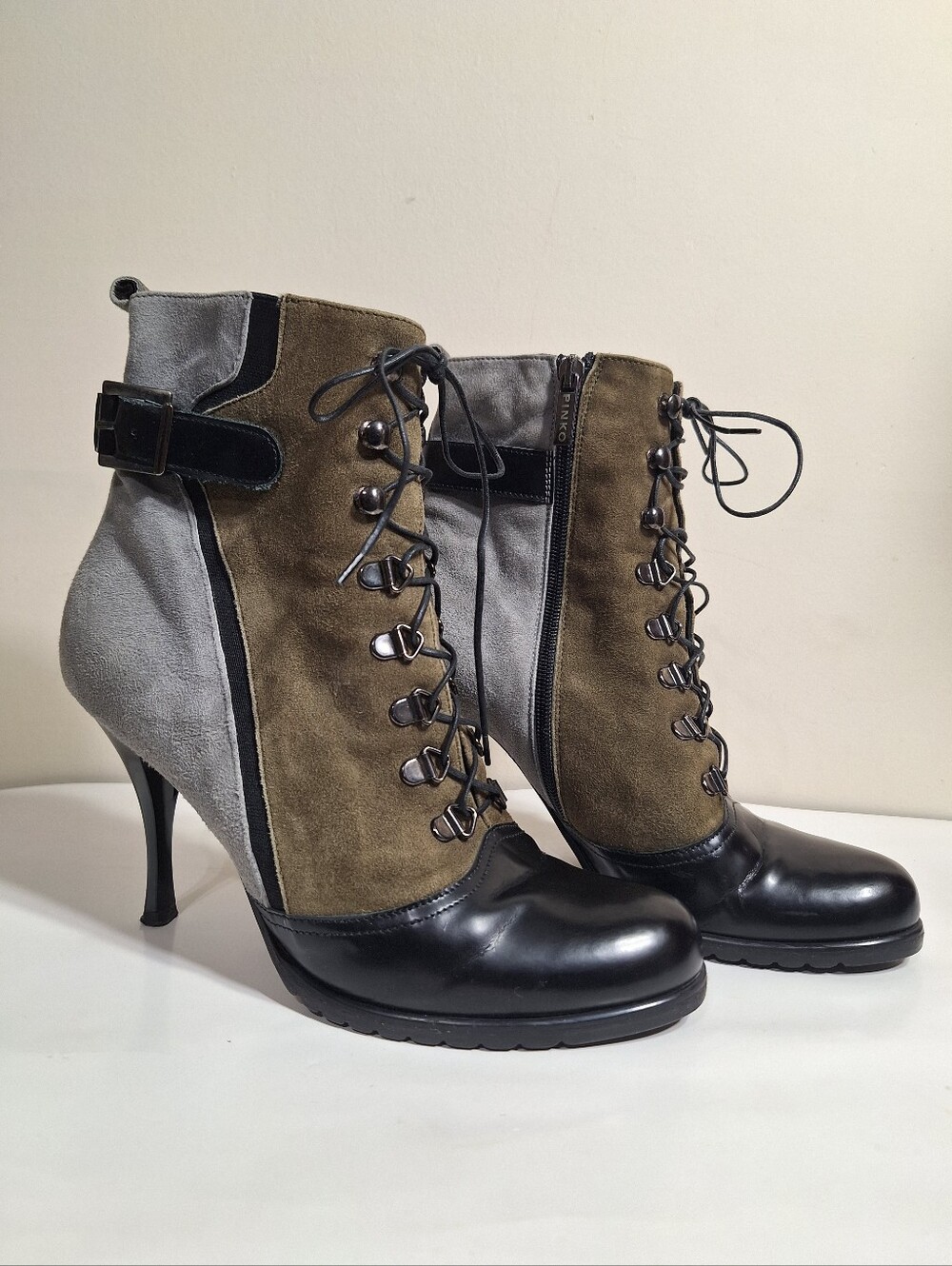 PINKO Italian Leather Suede Lace Up Heel Ankle Boots Size 40 (US 9.5-10)